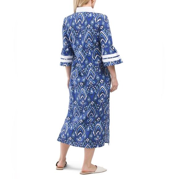 SAIL TO SABLE Bell Sleeve Caftan Midi Dress Cotton Ikat Navy Blue White XS NWT - Picture 3 of 9